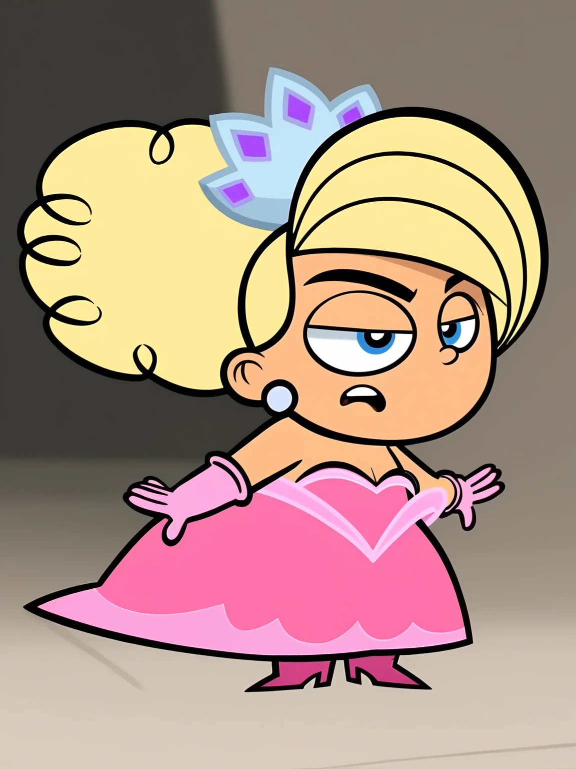 <lora:Brianna_Buttowski:1.0> 1girl, brianna_buttowski, blonde hair, earrings, jewelry, blue eyes, pink dress, gloves, full body,, score_9, score_8_up, score_7_up,