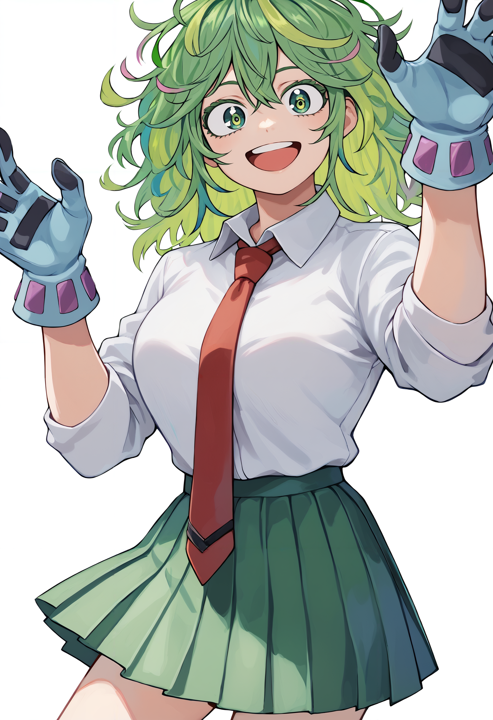 score_9,score_8_up,score_7_up ,<lora:hagakure_tooru_xl_v1_goofy:1>hagakure tooru, 1girl, :d, collared shirt, gloves, green eyes, green hair, green skirt, looking at viewer, messy hair, multicolored hair, necktie, open mouth, pleated skirt, red necktie, school uniform, shirt, simple background, skirt, smile, solo, standing, two-tone hair, u.a. school uniform, unusually visible, white background, white shirt