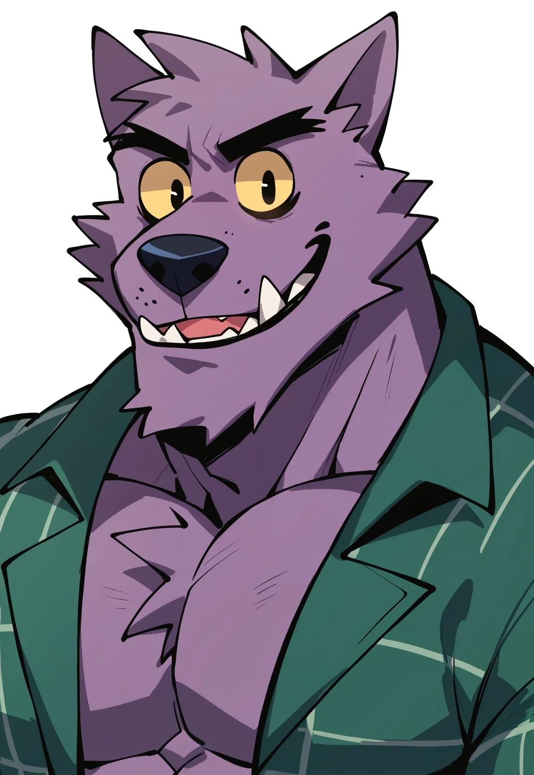 score_9, score_8_up, score_7_up, score_6_up, source_furry, hi res, highly detailed, simple background, close up, Bernand, Werewolf, Purple Fur, Yellow Sclera, Green Striped Shirt, Yellow Sclera, Black Eyes, no_irises, solo, male anthro, (derp, blep), big muscles, mature