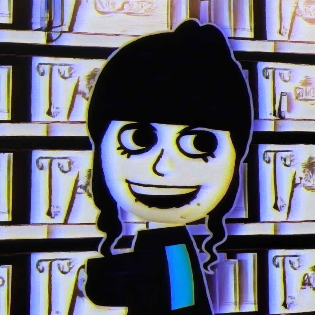 ponytail, mole under mouth, black shirt, mole, blue necktie, bookshelf, 1girl, style parody, formal, suit, black hair, male focus, smile, open mouth, solo