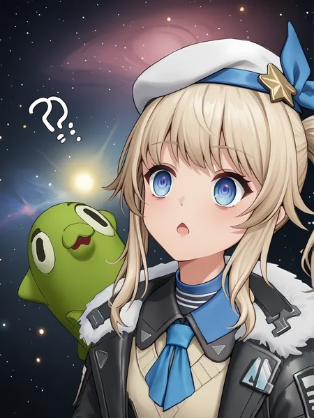 score_7_up, score_6_up, score_5_up, source_anime,
<lora:vepley.pony.v2:0.9>, vepley, aaa, side ponytail, beret, white beret, black jacket, blue ribbon, hair ribbon, open jacket, blue eyes, (empty eyes:1.4), question mark,
<lora:space-cat-ponyxl-lora-nochekaiser:1>, space cat, space cat \(meme\), galaxy, meme, space, galaxy background, universe, nebula, star \(sky\), blank stare, (looking up:1.2), open mouth,