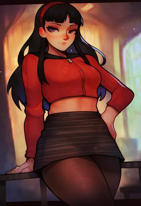 1girl, solo, amagi yukiko, long sleeves, crop top, skirt, pantyhose, looking at viewer, curvy,
masterpiece, best quality, <lora:fluffydango-guy90-Illust-Lycorisv1:1> flufngo