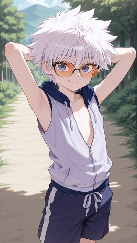 masterpiece, best quality, amazing quality, 1boy, solo, <lora:IlluKillua:1> illukillua, white hair, shorts, hoodie, sleeveless, no shirt, orange tinted eyewear, smile, partially unzipped, arms behind head, outdoors, looking at viewer,