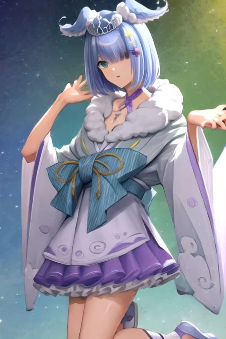 solo, 1girl, solo_focus, (((masterpiece))), ((best quality)), ((ultra-detailed)), high resolution, absurdres, highres, ultra-detailed 8k unity wallpaper, 
elira2st, tiara, japanese clothes, grey kimono, wide sleeves, single thighhigh, purple skirt, off shoulder, necklace, fur trim, thigh strap, tabi, sandals, purple nails