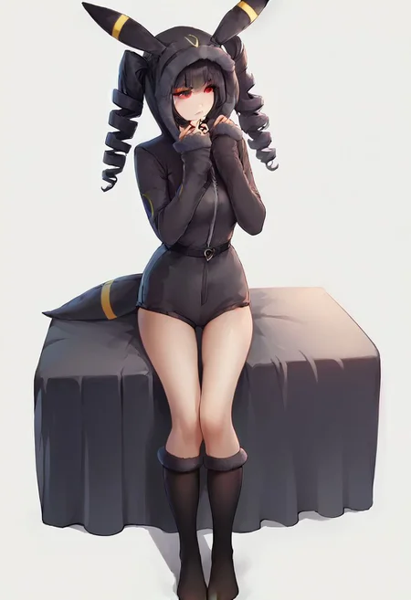 score_9, score_8_up, score_7_up, score_6_up, score_5_up, score_4_up, 1girl, celestia ludenberg, long hair, bangs, black hair, red eyes, long sleeves, twintails, drill hair, twin drills, curvy, source_anime, ears, hood up, onesie, tail, knee high socks, umbr30n, <lora:umbr30nXLP:0.6> full body, bedroom background, sitting on bed