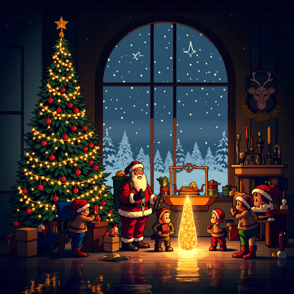 pixel_art of Santa's magical workshop during Christmas eve, filled with intricate details and vibrant decorations. A majestic Christmas tree adorned with sparkling lights and ornaments stands to the left. Santa Claus, wearing his iconic red suit, is illuminated at the center of the scene, standing beside a reindeer-themed workbench with glowing tools. Elves are busy preparing toys and gifts on smaller tables, while a warm golden glow radiates from a mysterious artifact at the workshop's core. The background features large frosted windows showcasing a snowy winter landscape with softly falling snow. Magical particles and twinkling lights float in the air, enhancing the festive atmosphere. Warm shadows and cool blue tones balance the composition, emphasizing depth and contrast. The floor is detailed with subtle wooden textures, and the entire scene feels alive with holiday spirit and enchantment.