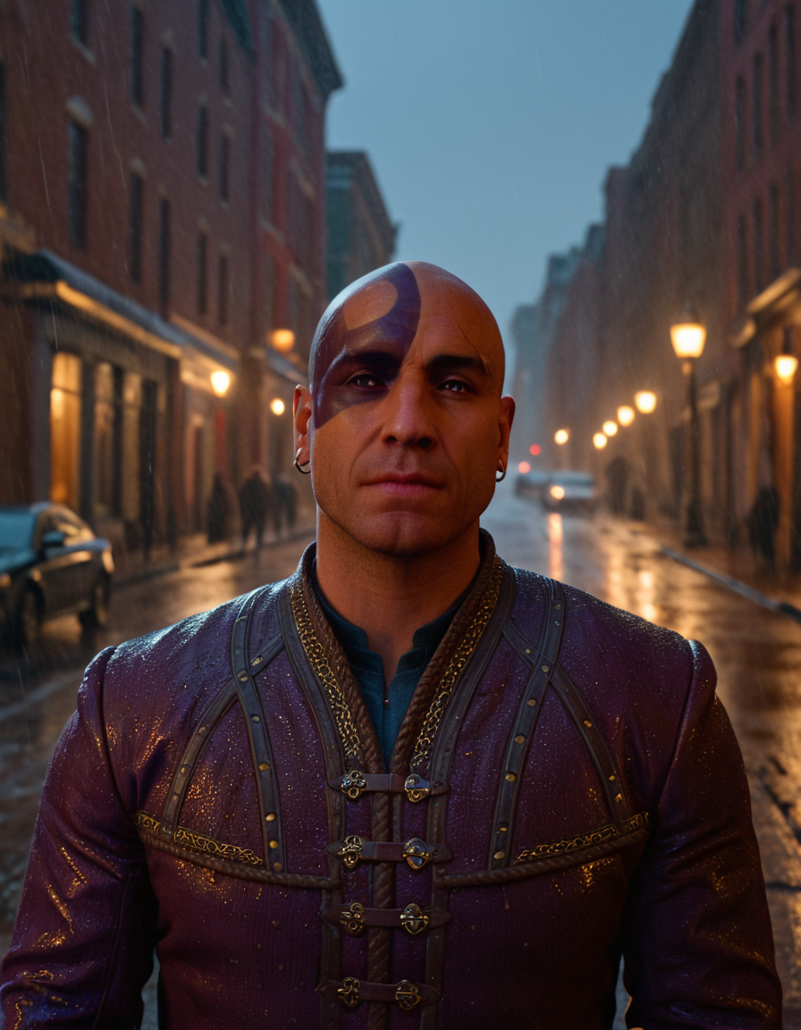cinematic still 1man, solo, bald, town, rain . emotional, harmonious, vignette, 4k epic detailed, shot on kodak, 35mm photo, sharp focus, high budget, cinemascope, moody, epic, gorgeous, film grain, grainy, 1man, solo, bald, town, rain, dramatic, cinematic, artistic, full color, intricate, elegant, highly detailed, extremely aesthetic, sharp focus, futuristic, innocent, fine detail, epic light, shining, mystical, iconic, vibrant, very coherent, singular, best, perfect, colorful, pure, deep colors, bright background, ambient, amazing, symmetry