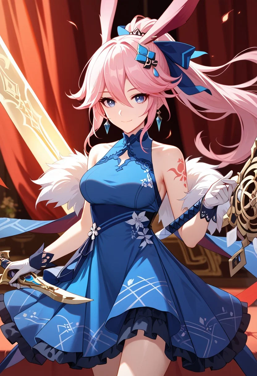 score_9,score_8_up,score_7_up,source_anime,YAE_SAKURA,1girl,solo,looking at viewer,smile,hair ornament,gloves,dress,holding,closed mouth,jewelry,bare shoulders,ponytail,weapon,earrings,sleeveless,white gloves,sword,holding weapon,sleeveless dress,tattoo,blue dress,