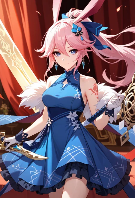 score_9,score_8_up,score_7_up,source_anime,YAE_SAKURA,1girl,solo,looking at viewer,smile,hair ornament,gloves,dress,holding,closed mouth,jewelry,bare shoulders,ponytail,weapon,earrings,sleeveless,white gloves,sword,holding weapon,sleeveless dress,tattoo,blue dress,