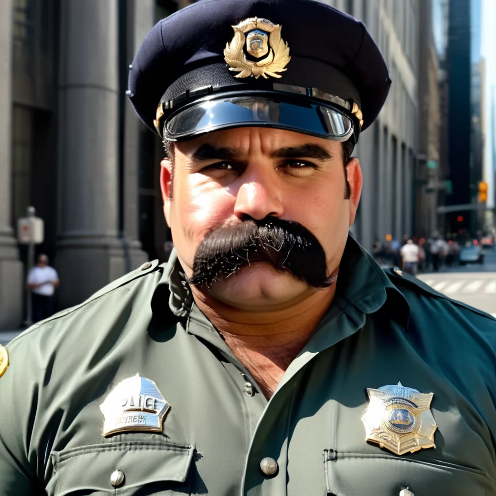police officer, huge bushy mustache, short black hair,side parting, stoic stare, chubby cheeks, bushy eyebrows, very hairy chest, hairy arms, burly, muscled, big belly, bara, peaked cap, aviator sunglasses, uniform, short sleeved shirt with buttons undone, big city, <lora:Walrus_Mustaches:1>