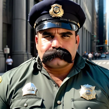 police officer, huge bushy mustache, short black hair,side parting, stoic stare,  chubby cheeks, bushy eyebrows, very hairy chest, hairy arms, burly, muscled, big belly, bara, peaked cap, aviator sunglasses, uniform, short sleeved shirt with buttons undone, big city, <lora:Walrus_Mustaches:1>