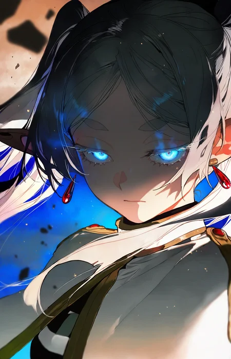 diyokama, au (d elete), pigeon666, liduke, rella,
1girl,frieren,adult,tall female,small breasts,serious,glowing eyes,half-closed eyes,
looking at viewer,close-up,red tint,deep glow effect,depth of field,cinematic lighting,dramatic lighting,light particles,light leaks,dark background,magic,flying debris,dust,smoke,foreshortening,blue aura,, masterpiece, best quality, amazing quality, very aesthetic, absurdres, best quality, newest,
