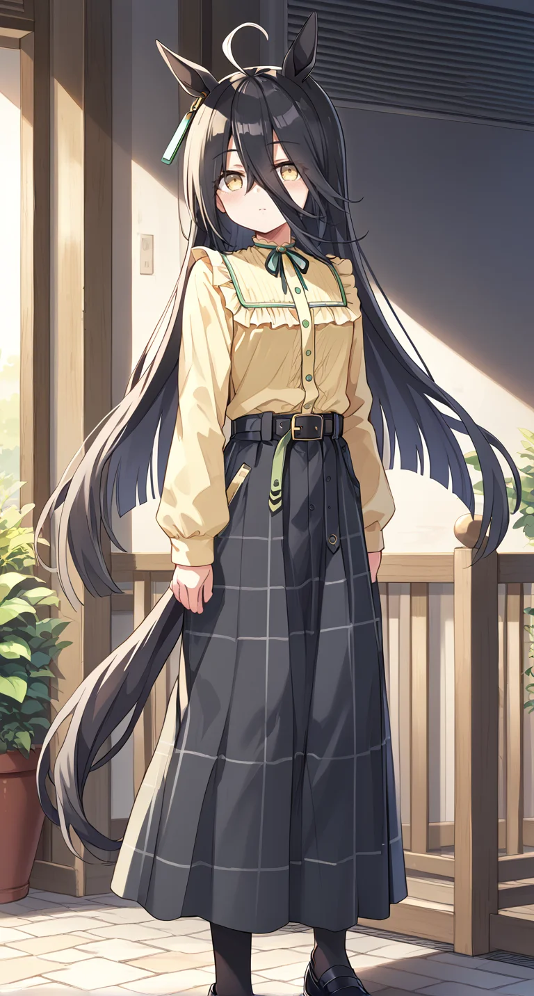 score_9,score_8_up,score_7_up,
official art,official style,game cg,megami magazine,
1girl,
mht casual,manhattan cafe (umamusume),
ahoge,animal ears,belt,belt buckle,black hair,black skirt,
buckle,earrings,frilled shirt collar,frills,hair between eyes,
highres,horse ears,jewelry,long hair,multicolored hair,neck ribbon,
ribbon,shirt,shirt tucked in,single earring,skirt,yellow eyes,yellow shirt,
blush,long sleeves,horse girl,black footwear,black pantyhose,
horse tail,pantyhose,tail,black belt,casual,long skirt,
very long hair,plaid,plaid skirt,puffy sleeves,eyebrows visible through hair,eyes visible through hair,
frilled shirt,puffy long sleeves,
standing,
<lora:umamusume_manhattan_cafe_pony_v1:1>,