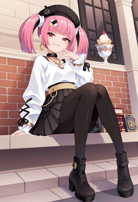 masterpiece, best quality, 1girl, solo, eyelashes, (beautiful eyes), smile, smug, <lora:SangoPokemon_NAI:0.8>, zzSango, pink hair, twintails, blunt bangs, hair ornament, C0utur3Cr4z3, 1girl, solo, beret, white blouse, pleated skirt, tights, ankle boots, gold necklace, soft makeup, layered outfit, minimal accessories, subtle earrings, classic fashion â Seated at a sidewalk café in Montmartre, Sango sips from a delicate porcelain cup, framed by aged brick walls and shelves of antique books. A cream beret tilts perfectly atop her pink twintails, her white blouse ruffled at the collar. Gold jewelry glints in the late afternoon light, and her elegant silhouette blends effortlessly with the charm of old-world Paris. <lora:CoutureCraze_IXL:1.0>,