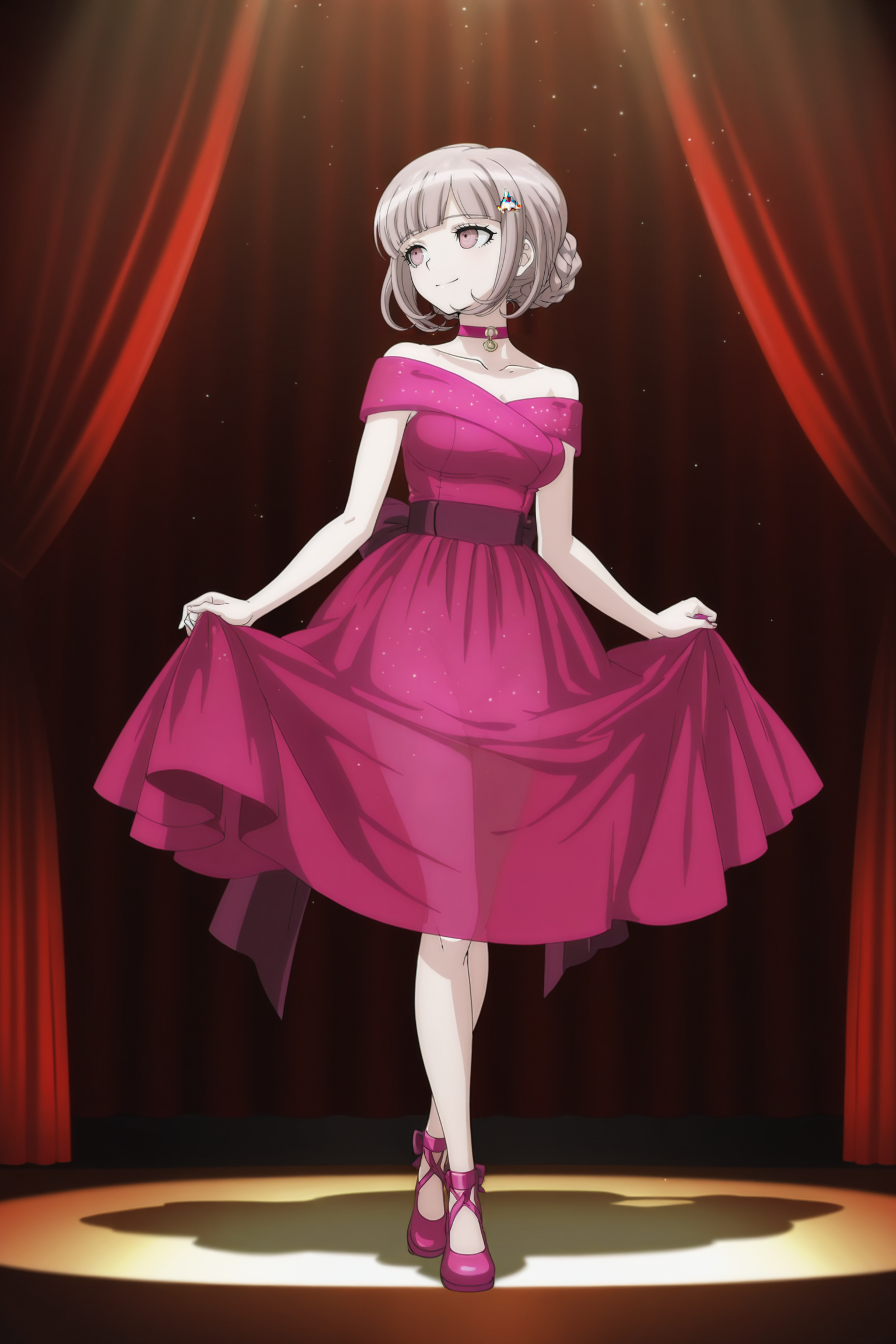 anime screencap, masterpiece, best quality, amazing quality, very aesthetic, absurdres,  newest, (scenery, volumetric lighting),
nanami chiaki, 10th anniversary, official style, 1girl, solo, breasts, looking back, smile, short hair, bangs, stage, light brown hair, hair ornament, red curtains, spotlight, bare shoulders, brown eyes, medium breasts, closed mouth, standing, collarbone, full body, shoes, see through frills, choker, hairclip, dress lift, blunt bangs, medium hair, pink eyes, off shoulder, hair bun, bare arms, dress grab, pink dress, off-shoulder dress, pink footwear,
light particles, 
 <lora:Chiaki_IL:0.8>