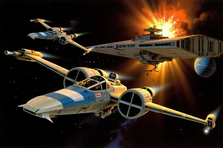 ralphmcq1 painting.
a dramatic space battle scene from the Star Wars universe. Two B-Wing rebel fighters, with distinctive wing design and a cockpit section, are flying away from an Imperial Star Destroyer that is exploding. The Death Star and a planet are in the background. <lora:ralphmcq_cap_d6a3:1.0><lora:830318075971844677:0>