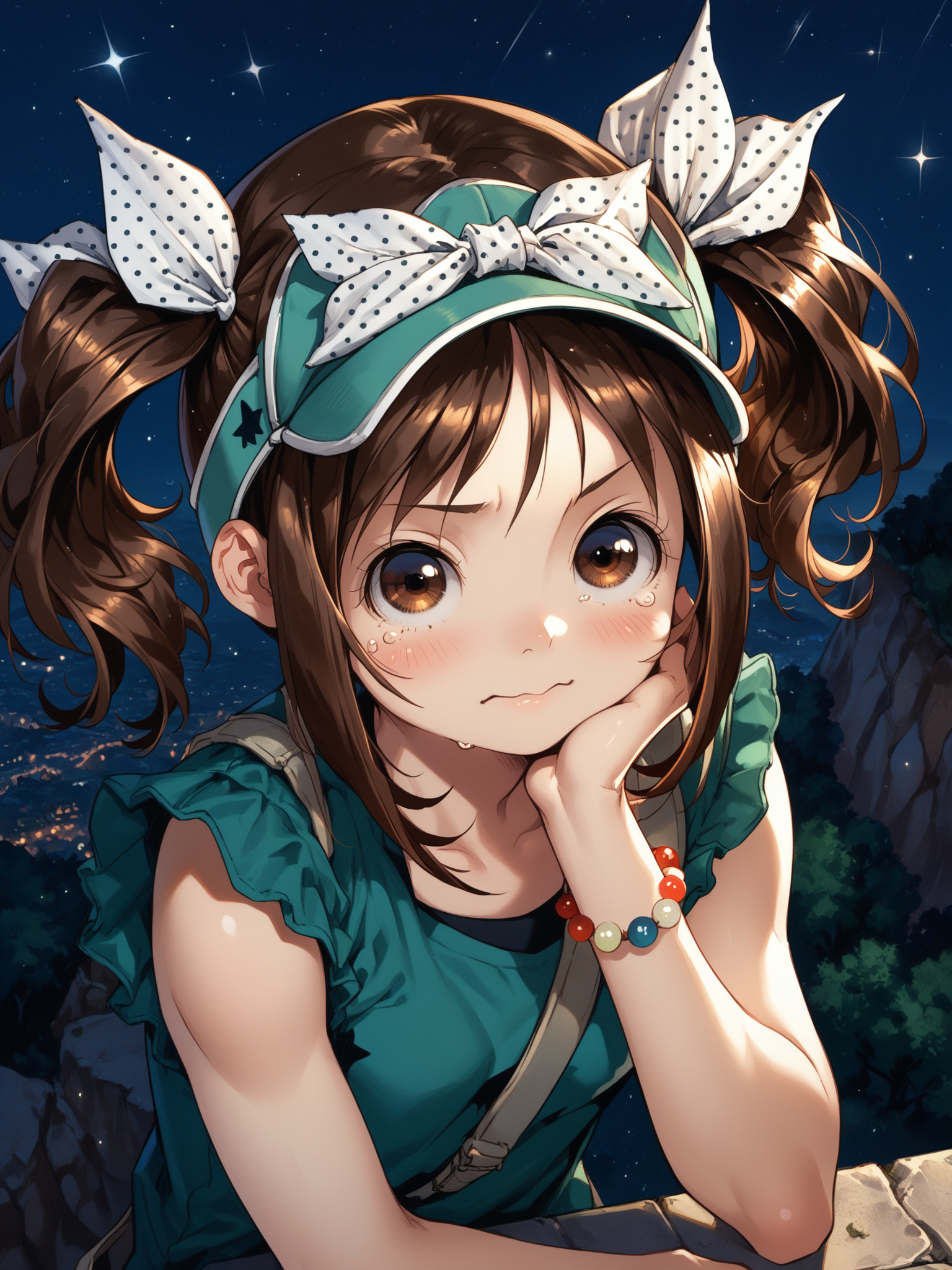 (upper body, solo focus:1.2) <lora:happy_tentacle-haruka-v0.1-000032:1>, ht_haruka, brown eyes, brown hair, polka dot ribbon, , bracelet (petite:1.2), <lora:Shed_The_Skin's StS_age_slider_v1_initial_release:-1.4> ( :1.1) ( (head back :0.8) , (crying with eyes open:0.8) , ( aroused :1.2) , , (looking at viewer:0.6) :1) , outdoors, vegetation, ( :1.1), spring \(season\) , (night, night sky :0.6), (blue sky:0.6) , (:0.5), , ( :0.9), (cliff :1.2) (( from above :1.2) :0.8) score_9, score_8_up, score_7_up, score_6_up, score_5_up, score_4_up, ( [(realistic, photorealistic:1.3):(realistic:1.2):16] [(3d:1.2)::14] :1) <lora:LUUNA's Lunas-NijiJourney-SDXL-B2:0.35>, nijijourney <lora:prgfrg23's Counterfeit-V3.0 Style SDXL_LoRA_Pony Diffusion V6 XL:0.5> <lora:mfcg's mfcgXL:0.12> <lora:reweik's gyokai(himehajime)_PonyXL_style_v01:0.14>