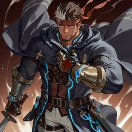 <lora:Bard__Alchemist_Code-000006:.7> tagatamebard, 1boy, two-tone hair, medium hair, spiked hair, blue eyes, sanpaku, scar on cheek, headband, fingerless gloves, cloak, jacket, shirt, gauntlet, belt, pants,, holding sword
(very short hair, beard, bara, mature, facial hair, stubble, beard, full beard, sideburn, beard, a lot of beard, ), facial hair,male focus, muscular male, muscular male, bara, mature,  bara, mature, aixiwuganda_(20222192), very awa, masterpiece, best quality, absurdres, newest, perfect quality, detailed background, intricate details,
<lora:slider_Body Type_alpha1.0_rank4_noxattn_last:3><lora:style_Anime Summer Days 2 Style SDXL_LoRA_Pony Diffusion V6 XL:.6><lora:slider_cfg_scale_boost:.7><lora:Artist6p:.55>, Artist6p, Artist04p,<lora:slider_il_brightness_slider_d1:-1><lora:slider_il_contrast_slider_d1:-1><lora:slider_DarkSlider1.2_alpha1.0_rank16_full_300steps:-.6>