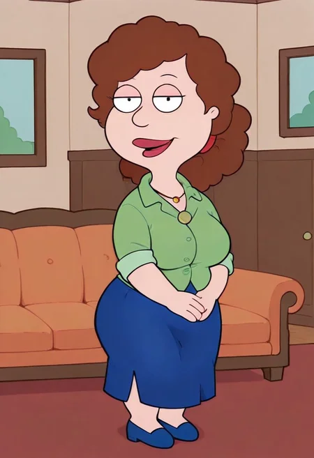score_9, score_8_up, score_7_up, score_6_up, high quality, rounded eyes, style parody, cartoon style, 1girl, solo, living room, couch, indoors,
BREAK
unnamed girl, brown hair, black eyes, (mature female:1.5), (plump:1.2), large breasts, gigantic ass, gigantic hips, green sweater, rolled up sleeves, blue skirt, navy blue shoes, own hand together, smile, looking at viewer, long skirt, half-closed eyes, necklace,