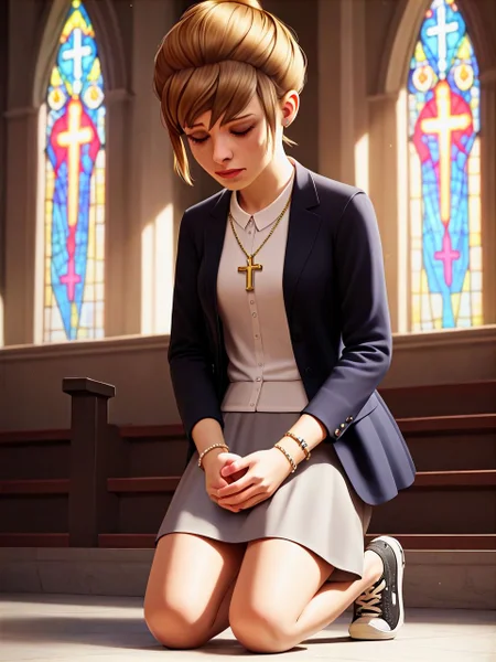 score_9,score_8_up,score_7_up, BREAK 1girl, solo, church, pews, altar, <lora:kat3LIS_PDXL:1.0> kat3lis, dark blonde hair, hazel eyes, cross necklace, bracelet, blouse, black blazer, medium-length grey skirt, sneakers, on knees at altar, looking down, eyes closed, praying,