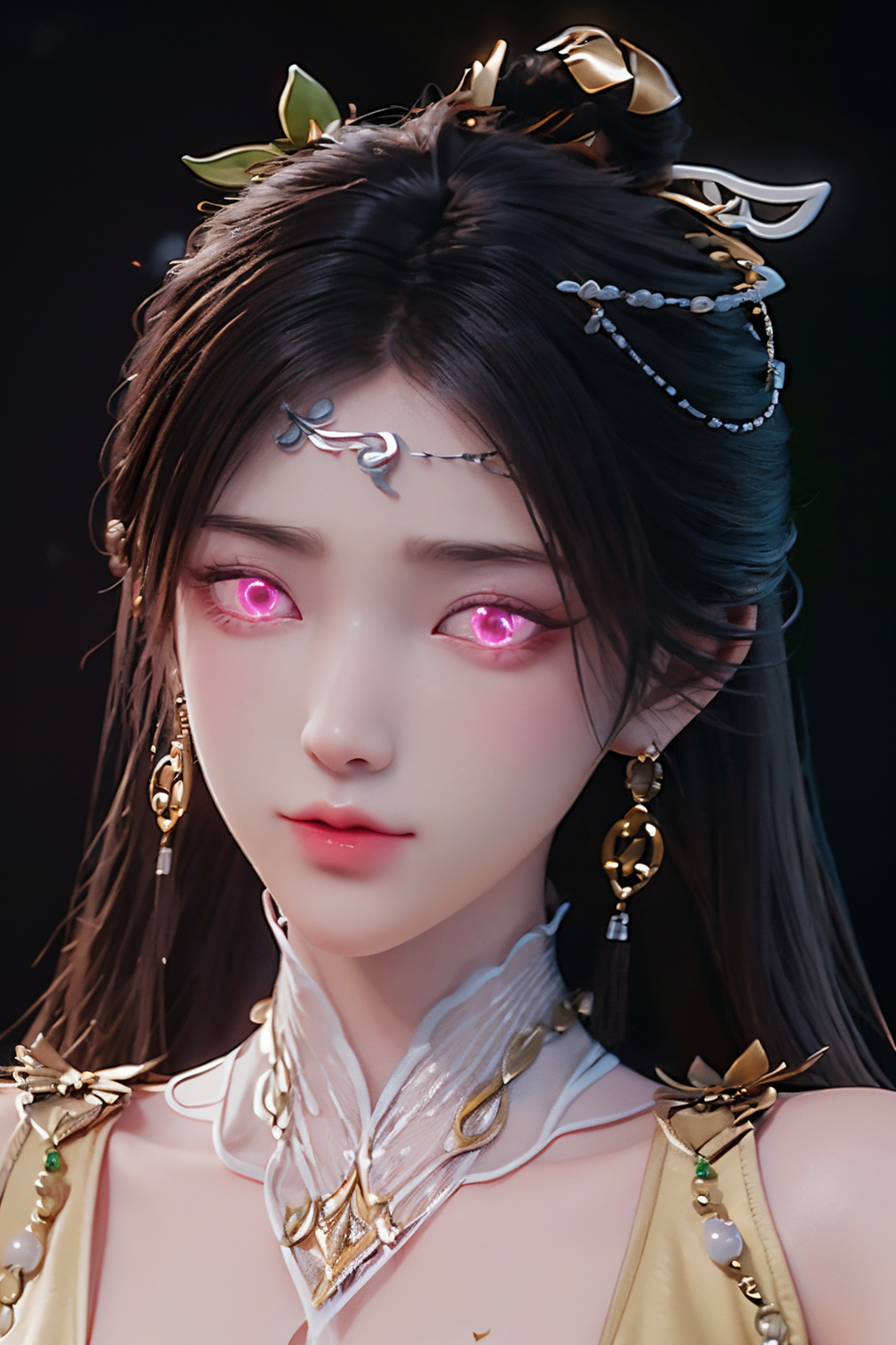 breathtaking <lora:jinpinger:1>,jinpinger,1girl,hair ornament,jewelry,earrings,solo,black hair,forehead mark,facial mark,long hair,looking at viewer,dress,yellow dress,closed mouth,upper body,(simple background:1.7),bare shoulders,beads,(black background:1.6),
charm,(pink eyes:1.4),((glowing)),(glowing eyes:1.4),, best quality , masterpiece, illustration, an extremely delicate and beautiful, extremely detailed ,CG,unity,8k wallpaper, Amazing, finely detail, masterpiece, best quality,official art,extremely detailed CG unity 8k wallpaper,absurdres, incredibly absurdres, huge filesize , ultra-detailed, highres, extremely detailed,beautiful detailed girl, extremely detailed eyes and face, beautiful detailed eyes,light on face, . award-winning, professional, highly detailed