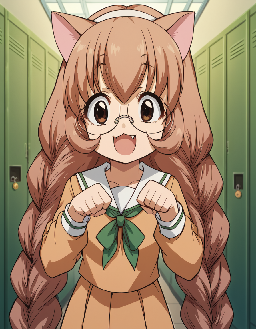 score_9, score_8_up, score_7_up, source_anime, <lora:mimi-usa-s1-ponyxl-lora-nochekaiser:1>, mimi usa, long hair, brown hair, brown eyes, very long hair, braid, hairband, glasses, twin braids,, school uniform, serafuku, long sleeves,, school hallway, lockers, between classes, everyday life, smile, <lora:paw-pose-ponyxl-lora-nochekaiser:1>, paw pose, cat ears, cat tail, animal ears, tail, cat girl, open mouth, fang, whiskers,, looking at viewer, solo,, dutch angle, cowboy shot