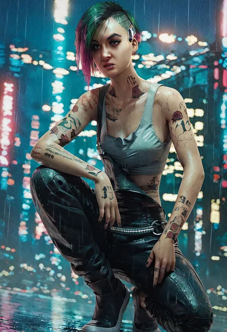 Score_9_up, score_8_up, score_7_up, 1girl, solo, judy alvarez, multicolored hair, green hair, pink hair, brown eyes, tattoo, overalls, tank top, on one knee, raining, cyberpunk city