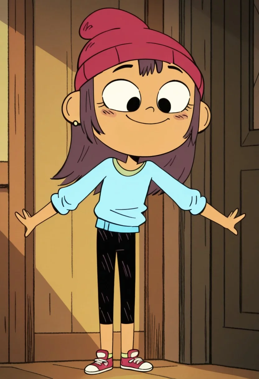 masterpiece, best quality, amazing quality, Lily Pak, solo, 1girl, black eyes, long dark brown hair, specks on cheeks, red beanie, long sleeved cyan shirt, black pants, socks, red sneakers, green earrings, bara, standing, smile