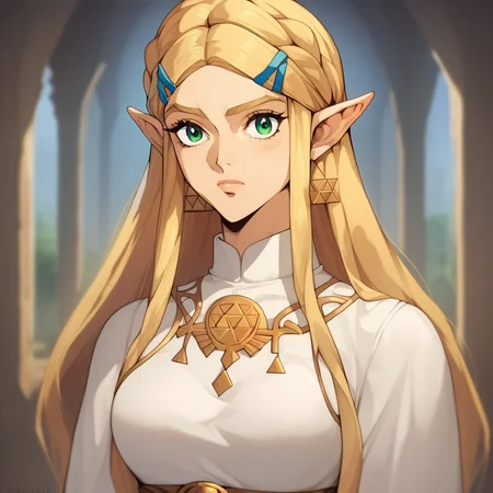 source_anime, (c4stl3v4ni4:1.2), ((score_9)),score_8_up,score_7_up,score_6_up,score_5_up,score_4_up, retro_artstyle, anime style, 1woman, Princess Zelda, blonde hair, large breasts, (green eyes), looking at viewer, facing viewer, masterpiece, best quality, highres, best illumination, depth of field,