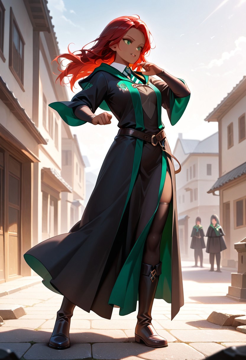 masterpiece, best quality, amazing quality, soft shading, (chromatic aberration:0.8), photorealistic, BREAK,
"Elyzabeth_Di_Serpentis, red hair, long hair, green eyes, dark-skinned female," standing, action pose, slytherin uniform, slytherin emblem, black robe