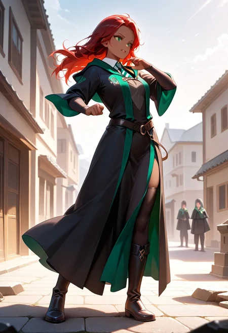 masterpiece, best quality, amazing quality, soft shading, (chromatic aberration:0.8), photorealistic, BREAK,
"Elyzabeth_Di_Serpentis, red hair, long hair, green eyes, dark-skinned female," standing, action pose, slytherin uniform, slytherin emblem, black robe