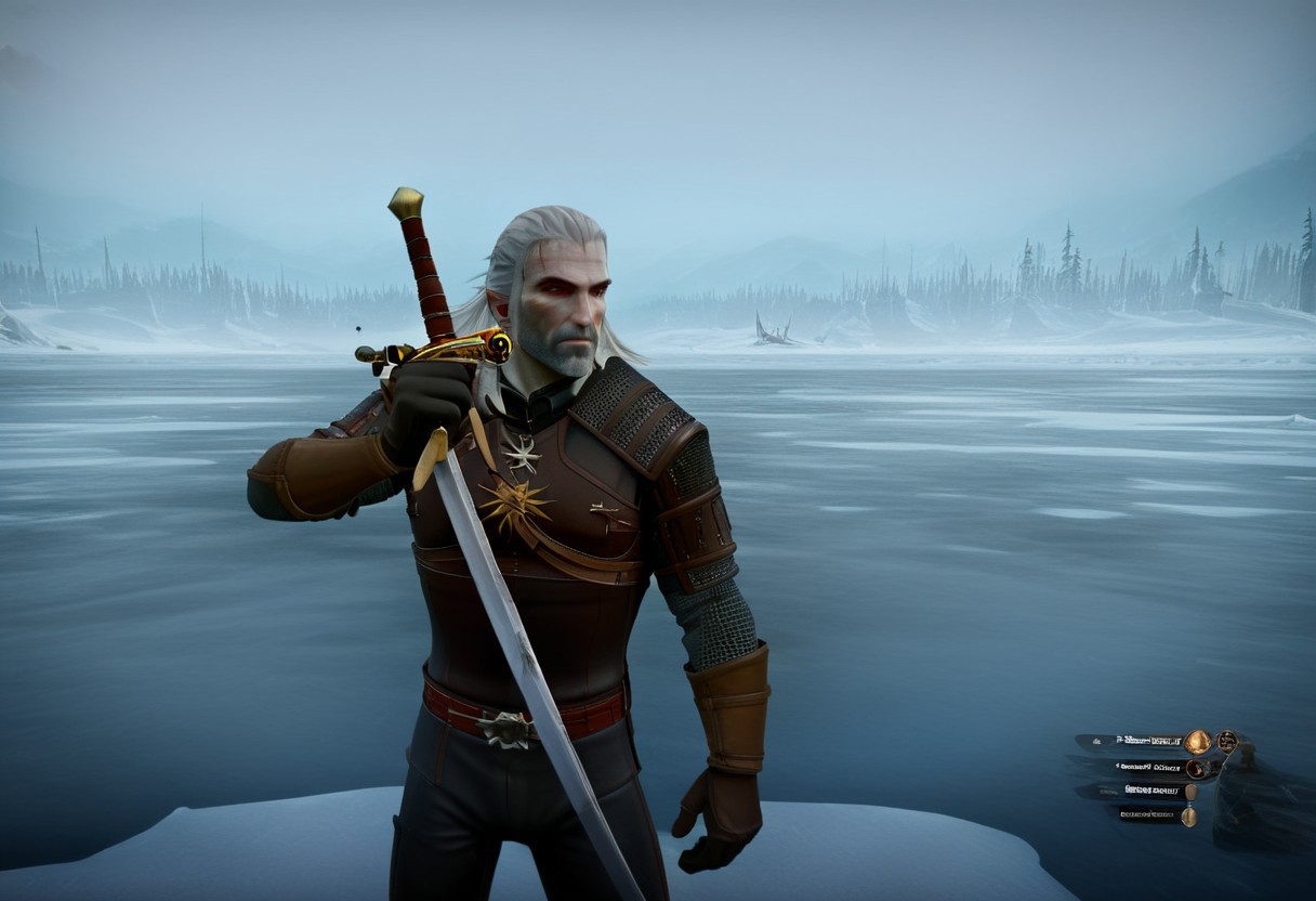 geralt as a (nutcracker), holding a sword, 
high guard sword parry stance,
at a frozen lake,
game screenshot,
looking at the camera,
sfw