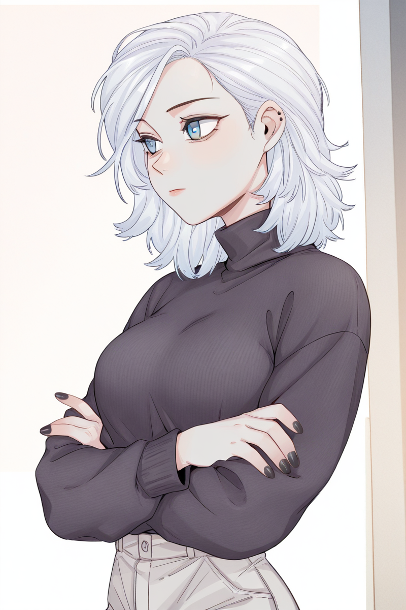 masterpiece, best quality, amazing quality,
 <lora:Girltrap_IL:1> strgrltrp, 1girl, sweater, solo, black sweater, animification, black nails, crossed arms, hair behind ear, blue eyes, white hair, turtleneck, breasts, pants, medium hair, medium breasts, shirosan