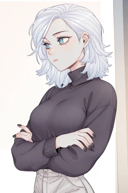 masterpiece, best quality, amazing quality,
<lora:Girltrap_IL:1> strgrltrp, 1girl, sweater, solo, black sweater, animification, black nails, crossed arms, hair behind ear, blue eyes, white hair, turtleneck, breasts, pants, medium hair, medium breasts, shirosan