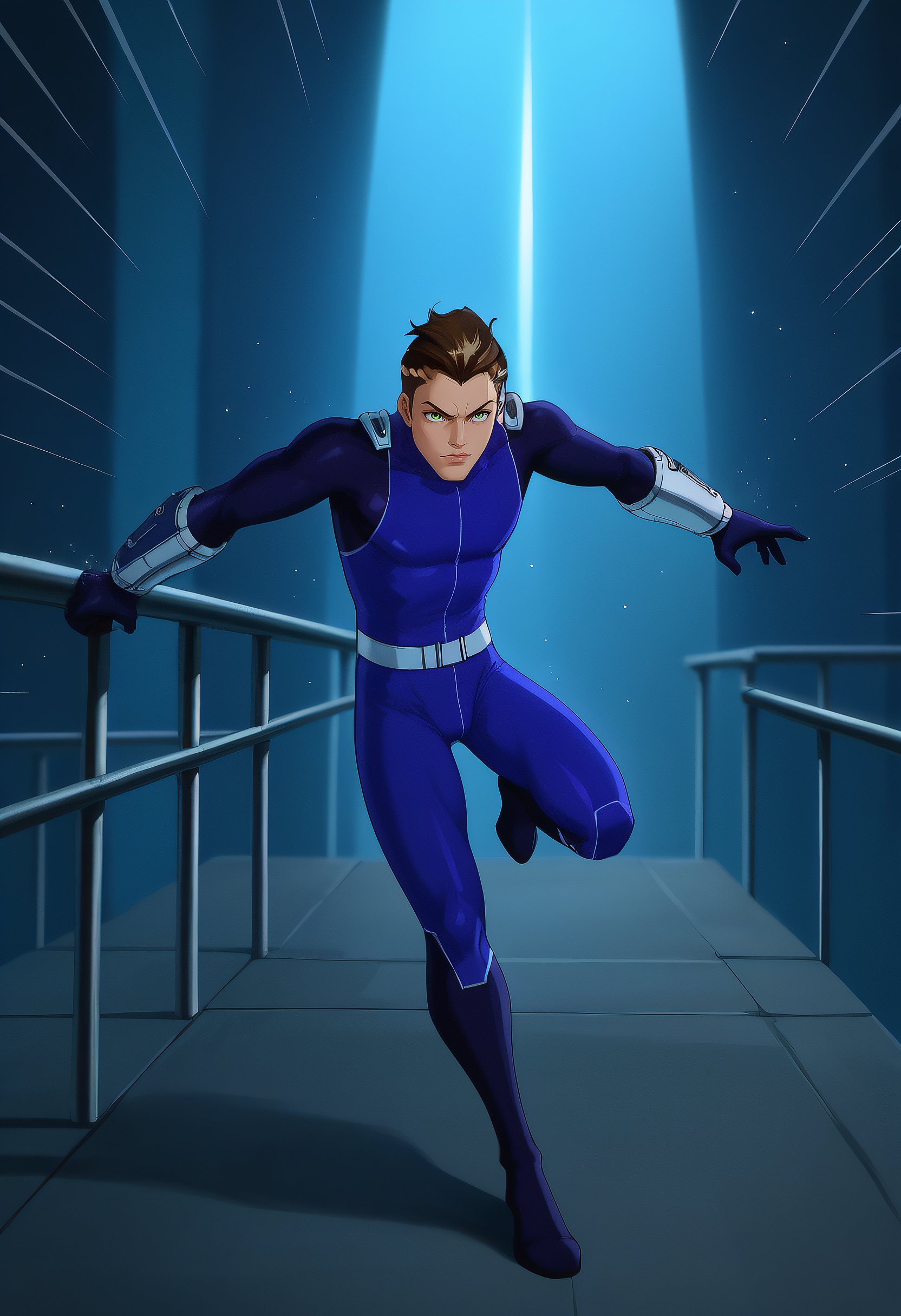 embedding:Pony\Positive\zPDXL3, score_9, score_8_up, score_7_up, 1boy, tad_ts!, green eyes, brown hair, slicked back hair, bodysuit, indigo blue catsuit, vambrace device, gloves, dynamic pose, stance, emphasis lines, particles, depth of field, best quality, high resolution, masterpiece.