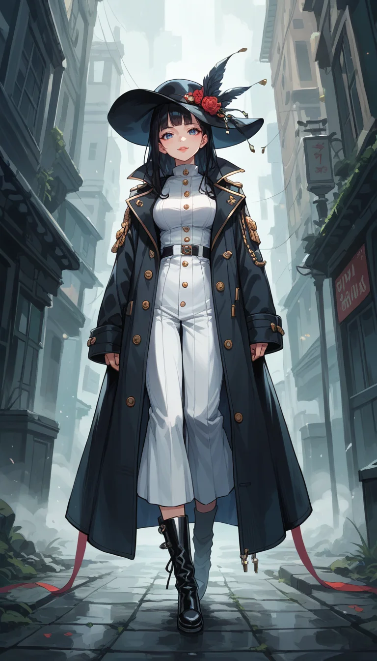 score_9, score_8_up, score_7_up, Anime Style, Full Body Shot, A shadowy human figure, cute, seductive, innocent, light smile:0.3, plump lips, slender body, in a long coat and hat, black boots, intense fog background, depth of field, dynamic angle, fashion photography, sharp, hyperdetailed:1.15