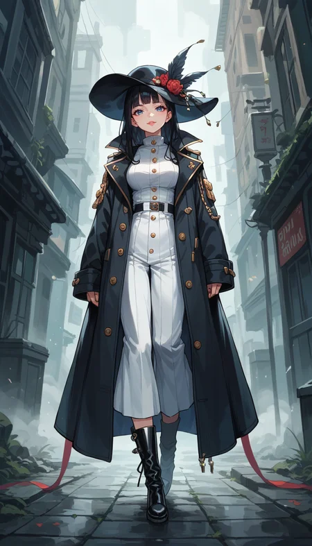 score_9, score_8_up, score_7_up, Anime Style, Full Body Shot, A shadowy human figure, cute, seductive, innocent, light smile:0.3, plump lips, slender body, in a long coat and hat, black boots, intense fog background, depth of field, dynamic angle, fashion photography, sharp, hyperdetailed:1.15