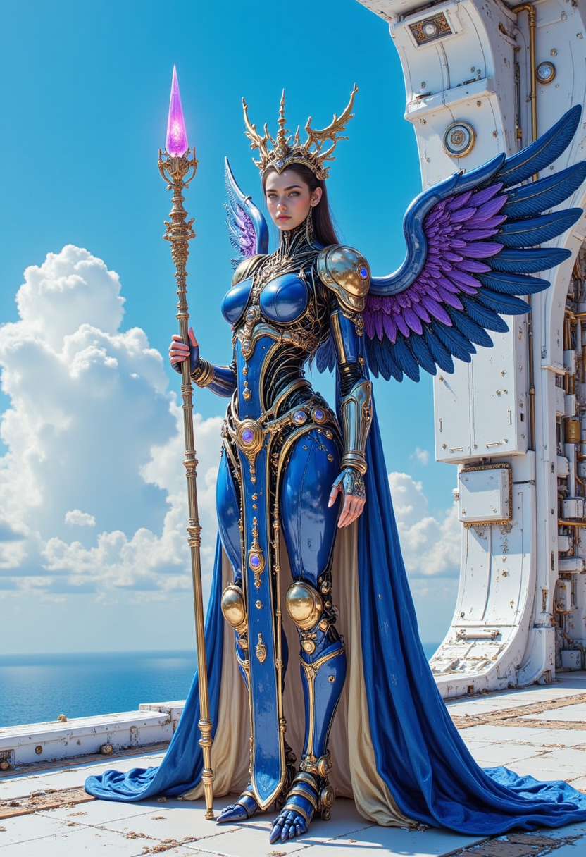pinkmechalux, Against a backdrop of a sleek, modern warship deck platform suspended amidst a brilliant blue sky, a regal bird queen takes center stage, grasping a majestic scepter adorned with a radiant crystal at its tip. Her resplendent attire is a masterful blend of blue and purple hues, with intricate, ornate patterns and opulent flourishes that exude refinement and elegance. Her expression is steadfast, exuding confidence and authority. Her plumage is a mesmerizing shade of blue, with subtle, iridescent feathers that seem to shimmer in the light. The scepter, a symbol of her power, glimmers with a soft, crystalline light that complements her majestic demeanor. Every aspect of her being, from her piercing gaze to the delicate, lace-like patterns on her wings, conveys a sense of imperial grandeur and unyielding determination.