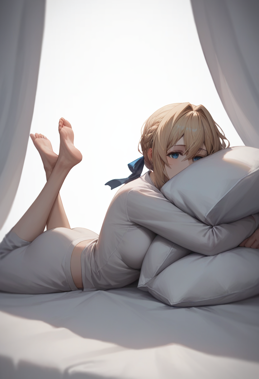 score_9,score_8_up,score_7_up,<lora:violet_evergardenpony:1>,highres, on_stomach, hair_down, white_pajamas, barefoot, hugging_object, solo, 1girl, white_background, medium_breasts, pillow_hug, commentary_request, violet_evergarden