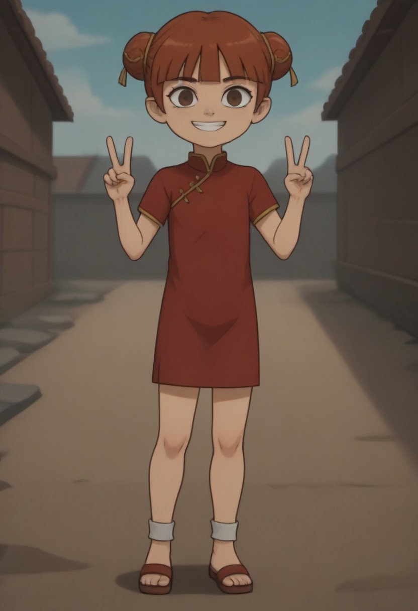score_9, score_8_up, score_7_up, 1girl, solo, Fiore_DC, light skin, brown eyes, red hair, short hair, Double bun, bun cover, bangs, white socks, sandals, Chinese clothes, China dress, red cheongsam
big eyes, young, petite, small body, short body, child, flat chested, social smile, perfect eyes, perfect smile, looking at the viewer, detailed eyes, perfect eyes, standing, five fingers, perfect hands, hands sign peace, futuristic oedo town, blue sky, daytime, good weather, nice