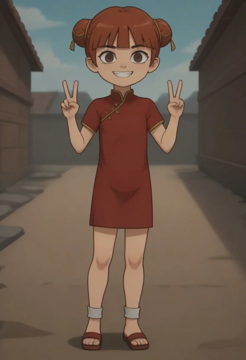 score_9, score_8_up, score_7_up, 1girl, solo, Fiore_DC, light skin, brown eyes, red hair, short hair, Double bun, bun cover, bangs, white socks, sandals, Chinese clothes, China dress, red cheongsam
big eyes, young, petite, small body, short body, child, flat chested, social smile, perfect eyes, perfect smile, looking at the viewer, detailed eyes, perfect eyes, standing, five fingers, perfect hands, hands sign peace, futuristic oedo town, blue sky, daytime, good weather, nice