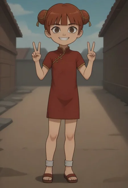 score_9, score_8_up, score_7_up, 1girl, solo, Fiore_DC, light skin, brown eyes, red hair, short hair, Double bun, bun cover, bangs, white socks, sandals, Chinese clothes, China dress, red cheongsam
big eyes, young, petite, small body, short body, child, flat chested, social smile, perfect eyes, perfect smile, looking at the viewer, detailed eyes, perfect eyes, standing, five fingers, perfect hands, hands sign peace, futuristic oedo town, blue sky, daytime, good weather, nice