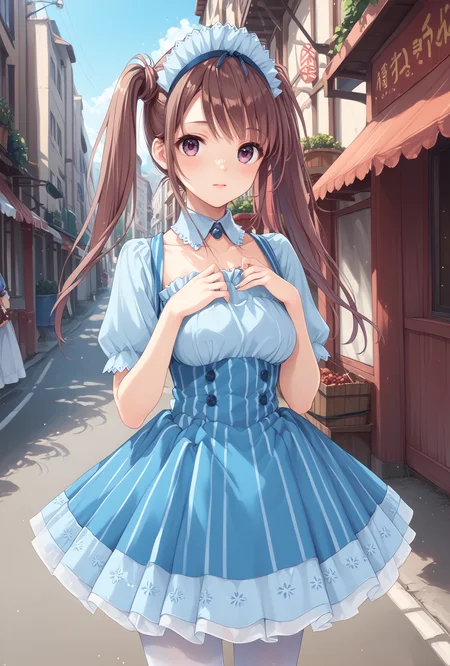 score_9, score_8_up, score_7_up, score_6_up, score_5_up, score_4_up,anime,cowboy shot,
,ensemble style, mizukitwin(ensemble), twintails, light purple eyes, brown hair,hands on own chest,
katoumaid, vertical stripes,striped,blue short dress,maid, maid headdress, puffy short sleeves, detached collar, frills,
outdoors,white pantyhose,road,street,cityscape, <lora:MizukiXLPony:1>,<lora:katoumaidXLPony:1.2>