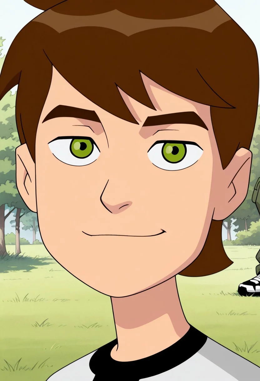 masterpiece, best quality, amazing quality, very aesthetic, high resolution, ultra-detailed, absurdres, newest, grass, trees, 1boy, looking at viewer, ben tennyson, brown hair, green eyes, white shirt, cargo pants green, sneakers, cel shading, black illustration line, soft shading, highly detailed texture, cel shading, black illustration line, soft shading, highly detailed texture, face shot, close up, portrait, smile,