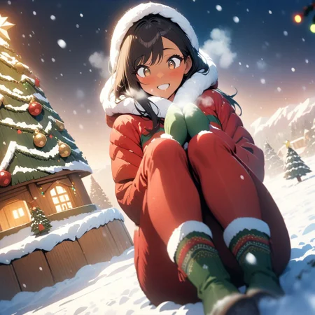 cowboy shot, high angle, sitting, asymmetrical background, 1woman, solo, long hair, black hair, Nepal style, long colorful red fur parka, dark brown eyes, breath fog, eyeliner, red pants, brown skin, tan skin, looking around, fur lined hood, side swept bangs, green mittens, green snow boots, quaint wooden mountain village,Himalayas, snow falling, winter season, windy, snow filled sky, night time,wooden christmas village, christmas decorations, christmas time, christmas lights, christmas tree, excited, big smile, wide eyes, ultra detailed eyes, (masterpiece), (best quality), (ultra-detailed), very aesthetic, illustration, knee high snow, blizzard weather, perfect composition, intricate details, absurdres,
(anime, masterpiece, intricate:1.3), (best quality, hires textures, high detail:1.2), (4k),(incredibly detailed:1.4), perfect anatomy, graceful face, slim, gorgeous lips, UHD, 8K, ultra detailed, a cinematic photograph of HDR photo, full body photo of a beautiful natural woman,
