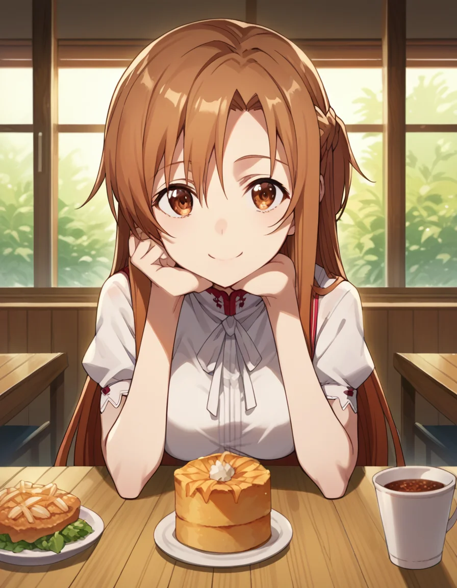 score_9, score_8_up, score_7_up, source_anime, asunayuuki, <lora:asuna-yuuki-s1-ponyxl-lora-nochekaiser:1>, asuna yuuki, long hair, brown hair, brown eyes, medium breasts,, <lora:pov-across-table-ponyxl-lora-nochekaiser:1> pov across table, pov dating, restaurant, table, meal, care, cup, head rest, smile, elbow on table, food, elbow rest, ,