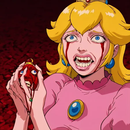 masterpiece, best quality, newest, absurdres, highres,
berserk,
BBH/EOK-V1.0-base, behelit, jewelry, holding jewelry, holding, holding behelit, BBH/EOK-V1.0-awoken, blood from eyes, screaming, teeth,
BREAK
1girl, princess peach, blonde, pink dress, crown, blue eyes,
holding jewelry, holding, holding behelit,