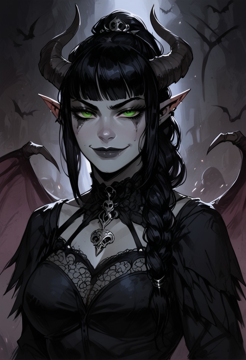 score_9, score_8_up, score_7_up, BREAK, 1woman portrait, beautiful, dramatic lights ((Succubus, Demon Girl, Succub, horns, seductive, seductive look, goth, goth girl, goth makeup, green eyes, wings, bat wings grey skin, grey colored skin, black hair, long braided ponytail, bangs, side bangs, happy, smug))
<lora:Fant5yP0ny:0.6> <lora:fantasy_world_pony:0.9>
<lora:Cherry-Gig:0.55>