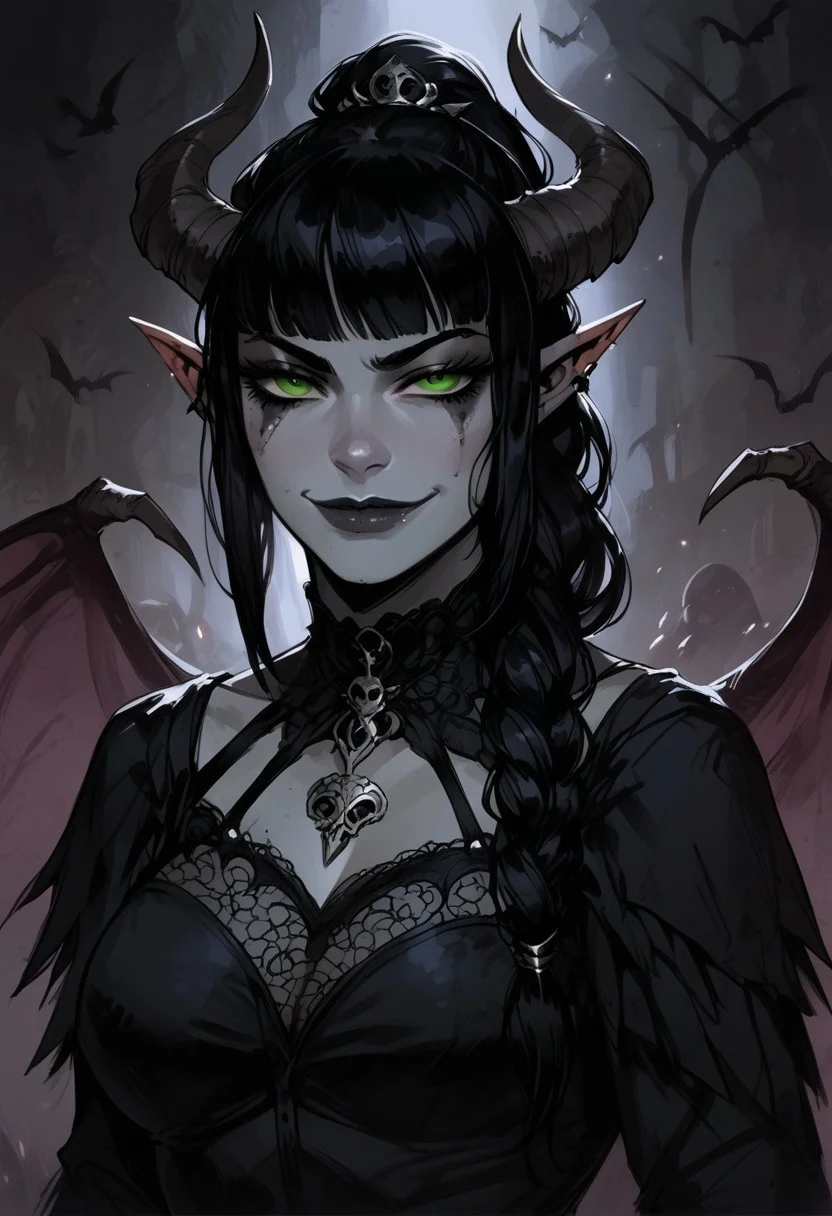 score_9, score_8_up, score_7_up, BREAK, 1woman portrait, beautiful, dramatic lights ((Succubus, Demon Girl, Succub, horns, seductive, seductive look, goth, goth girl, goth makeup, green eyes, wings, bat wings grey skin, grey colored skin, black hair, long braided ponytail, bangs, side bangs, happy, smug))
<lora:Fant5yP0ny:0.6> <lora:fantasy_world_pony:0.9>
<lora:Cherry-Gig:0.55>