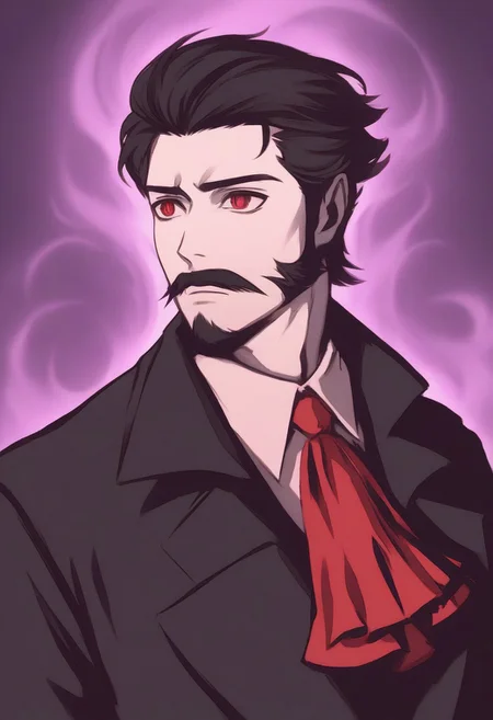 moshimoshibe,
1boy, solo, portrait, goatee, mustache, ascot, aura, black coat, black hair, closed mouth, coat, collared coat, dark aura, facial hair, male focus, medium hair, pale skin, red eyes, upper body, vampire